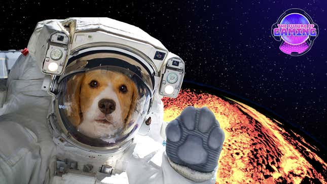 A dog in a human-like spacesuit waves above a molten planet surface.