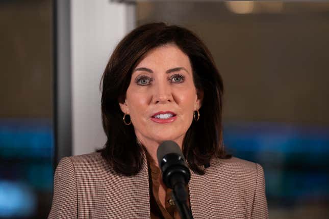 NEW YORK, NEW YORK - MARCH 6: New York Governor Kathy Hochul speaks during a press conference to announce new subway safety measures at NYCTA Rail Control Center in New York City. 