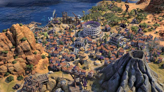 An overhead view of a Roman city with a Colosseum in Civilization VII.