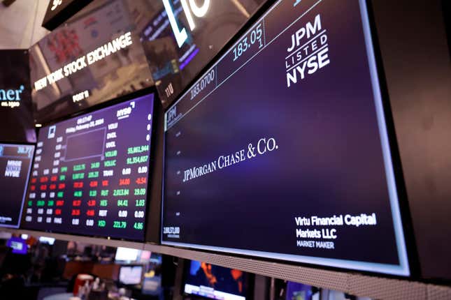 The JPMorgan Chase logo displayed on a screen at the New York Stock Exchange