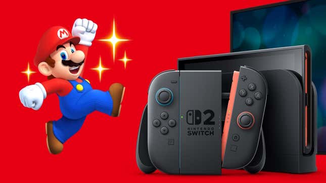 Mario springt neben einem Switch2. 