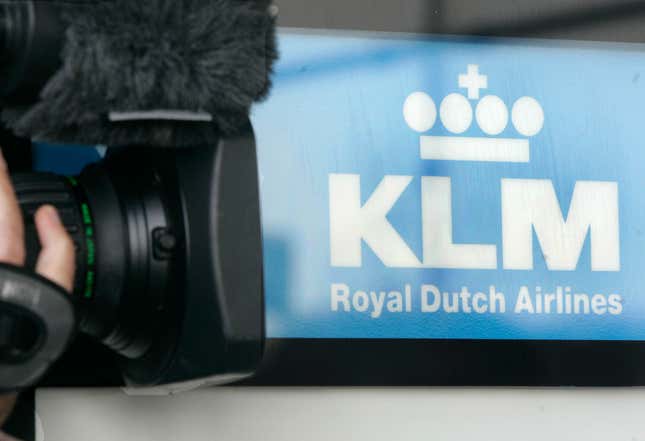 FILE - A cameraman films the Logo of Dutch airline KLM at the Cologne Bonn Airport in Cologne, western Germany, Sept. 26, 2008. In a decision hailed by environmental groups as a historic victory, an Amsterdam court ruled Wednesday, March 20, 2024, that Dutch national airline KLM made misleading statements about sustainable aviation in a case that accused the carrier of “greenwashing.” (AP Photo/Roberto Pfeil, File)