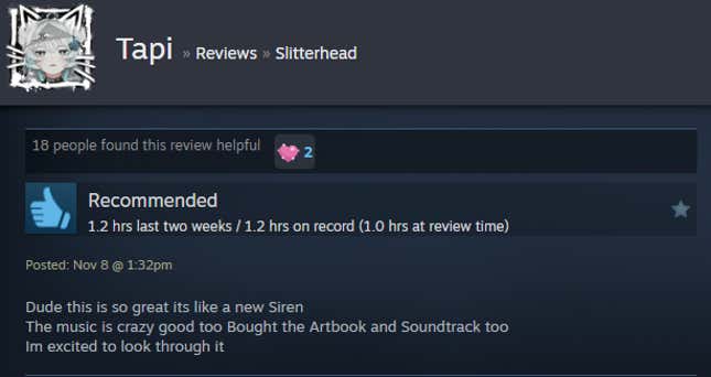 A screenshot shows a Steam user review for Slitterhead.