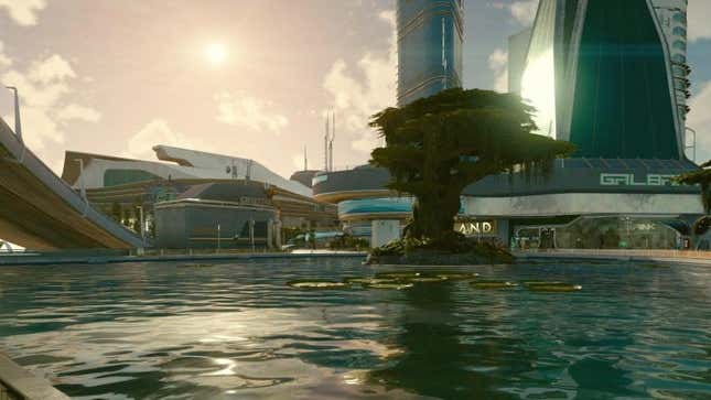 Starfield city sits behind a pool in a futuristic park. 