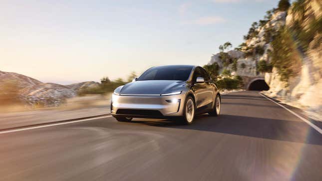 A render of a Tesla Model Y driving on a road. 