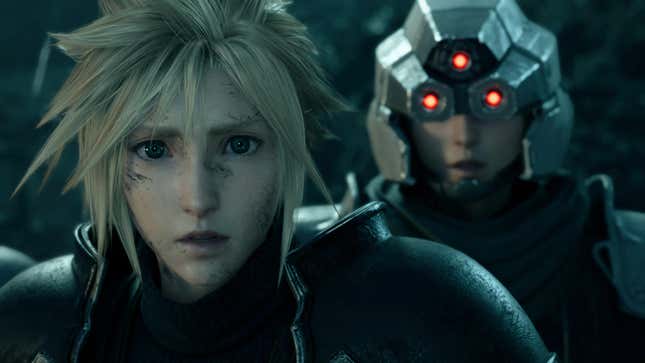 Cloud and a Shinra soldier have a shocked look on their faces.