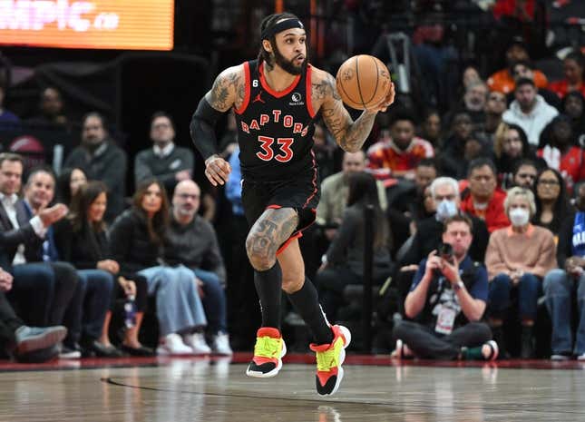 Mar 16, 2023; Toronto, Ontario, CAN; Toronto Raptors guard Gary Trent Jr. (33) dribbles the ball against the Oklahoma City Thunder in the second half at Scotiabank Arena.