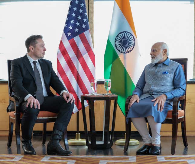 Elon Musk (left) said Tesla wants to invest in India “as soon as humanly possible” after meeting with Indian Prime Minister Narendra Modi in New York on June 20, 2023. 