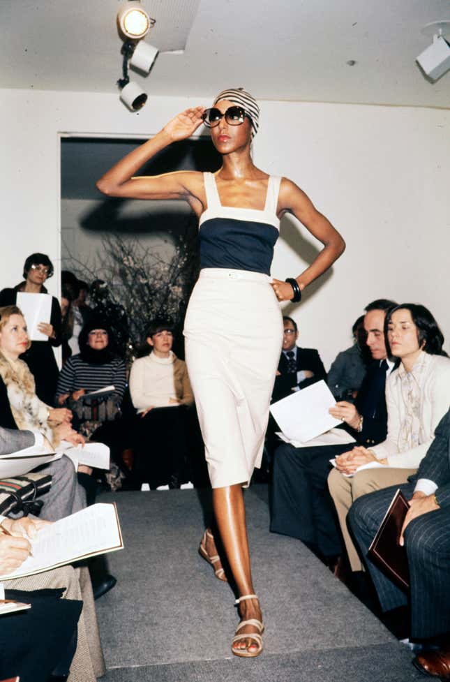 Model Bethann Hardison walks in the Calvin Klein Summer 1976 Ready to Wear Runway Show on February 2, 1976, in New York City.