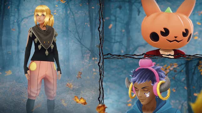 A Pokémon Go avatar wears a black jacket and salmon pants in a forest next to two Pokémon Go avatars wearing a Hoopa headband and a Pikachu pumpkin head.