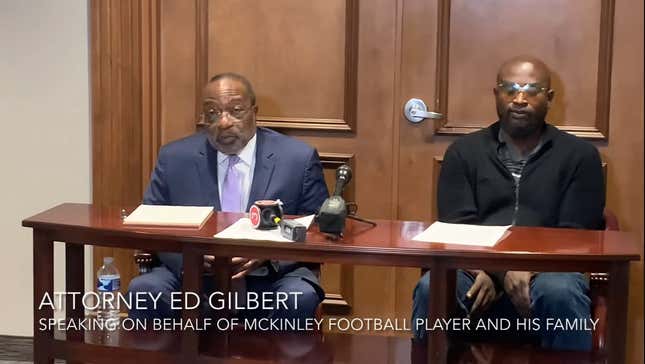 Attorney and family member of McKinley High School student football player who was allegedly forced to eat pork against his wishes and against his religion speaks during news conference in Canton, Ohio..