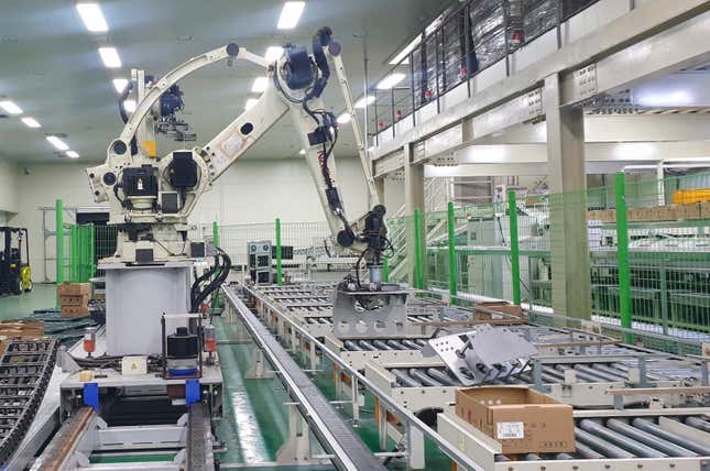 This photo provided by the South Korea Gyeongsangnam-do Fire Department shows the interior of a vegetable packaging plant after a robot&#39;s deadly crush with a worker was reported, in Goseong, South Korea, Wednesday, Nov. 8, 2023. An industrial robot crushed a worker to death at a vegetable packaging plant in South Korea, police said Thursday, as they investigate whether the machine was unsafe or had potential defects. (South Korea Gyeongsangnam-do Fire Department via AP)