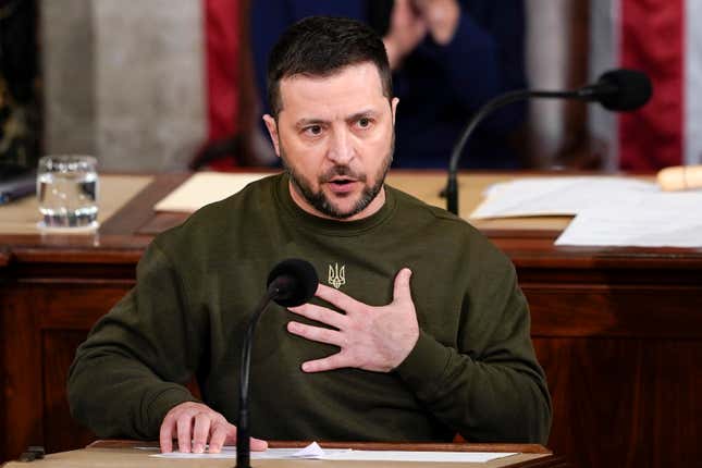 FILE - Ukrainian President Volodymyr Zelenskyy addresses a joint meeting of Congress on Capitol Hill in Washington, Dec. 21, 2022. Ukraine hosted an international defense industry conference as part of a government effort to ramp up weapons production within the country to repel Russia&#39;s full-scale invasion and reduce foreign dependence on arms deliveries. (AP Photo/Carolyn Kaster, File)