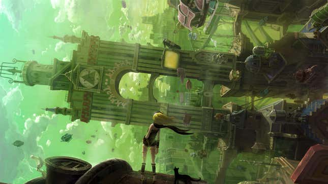 Gravity Rush's hero looks out at an upside down city.