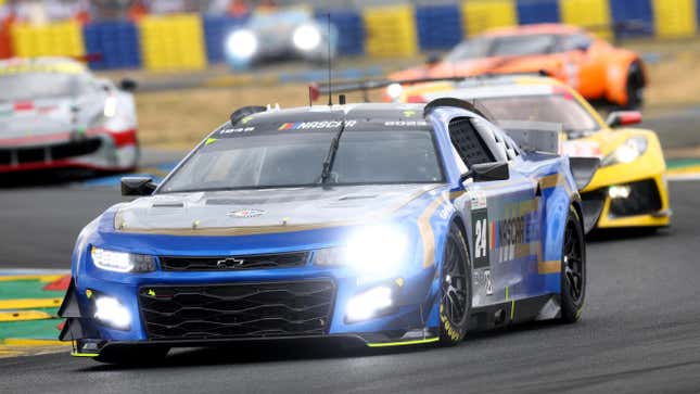 The Hendrick Motorsports Chevrolet Camaro ZR1 driven by Jimmie Johnson, Mike Rockenfeller and Jenson Button in action during the 100th anniversary of the 24 Hours of Le Mans at the Circuit de la Sarthe on June 10, 2023 in Le Mans, France.