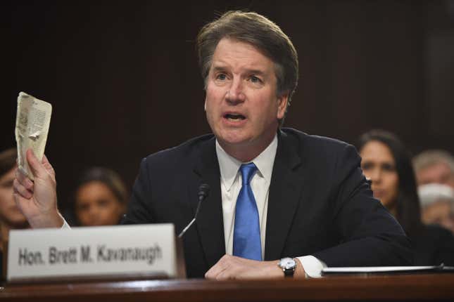US Supreme Court nominee Brett Kavanaugh speaks on the second day of his confirmation hearing in front of the US Senate on Capitol Hill in Washington DC, on September 5, 2018. - President Donald Trump's newest Supreme Court nominee Brett Kavanaugh is expected to face punishing questioning from Democrats this week over his endorsement of presidential immunity and his opposition to abortion. (Photo by SAUL LOEB / AFP) (Photo credit should read SAUL LOEB/AFP via Getty Images)
