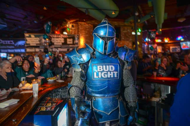 Bud Light’s Bud Knight poses for a photo after handing out Bud Light beer at Chickie’s and Pete’s in Philadelphia, Pennsylvania.