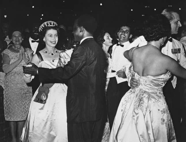 Queen Elizabeth II partnered by president Kwame Nkrumah while her husband, prince Philip, dances with the president’s wife Egyptian-born Madame Fatia Nkrumah, at the State House, Accra, Nov. 18, 1961. The Queen and her husband danced the High Life 2 with the Nkrumahs.
