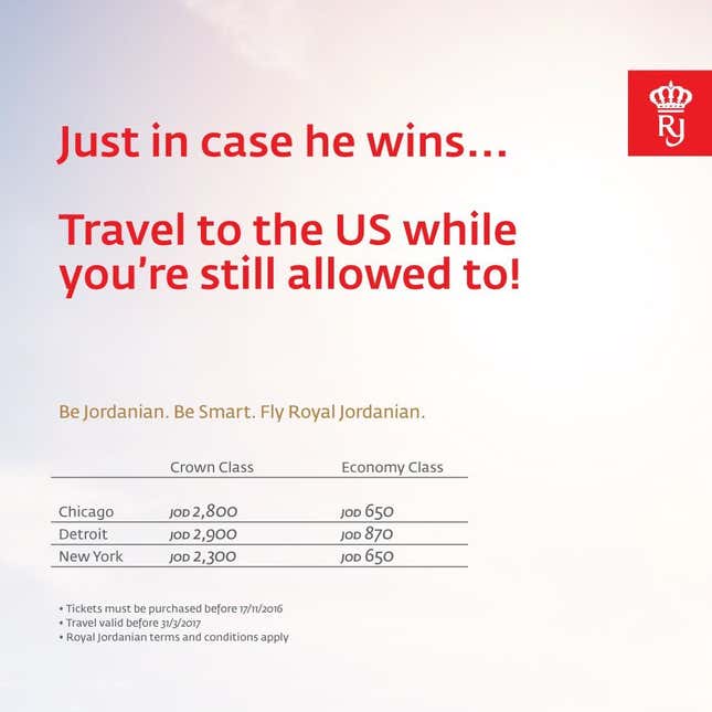 Royal Jordanian airline Nov. 7, 2016 ad.