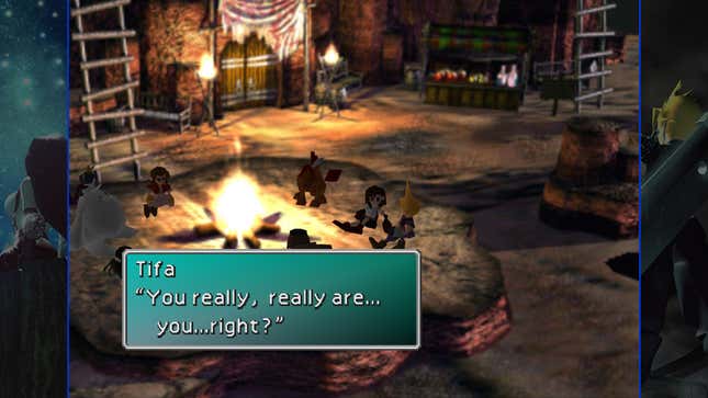 Tifa asks Cloud if he is who he says he is.