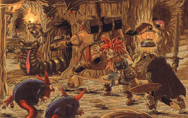 Akira Toriyama's artwork for Chrono Trigger featuring Robo, Chrono, and Frog in a cave surrounded by creatures.