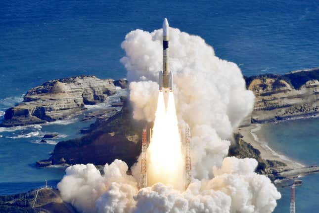 An H2A rocket is lifted from the launch pad at Tanegashima Space Center in Kagoshima, southern Japan Friday, Jan. 12, 2024. Japan on Friday launched the rocket carrying a government intelligence-gathering satellite on a mission to watch movements at military sites in North Korea and improve natural disaster response. (Kyodo News via AP)