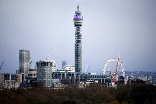 FILE - View of the BT Tower from Primrose Hill, in London, Sunday, March 29, 2020. The BT Tower, a futuristic landmark on the London skyline for 60 years, is to become a hotel, owner BT Group PLC said Wednesday, Feb. 21, 2024. (AP Photo/Alberto Pezzali, File)