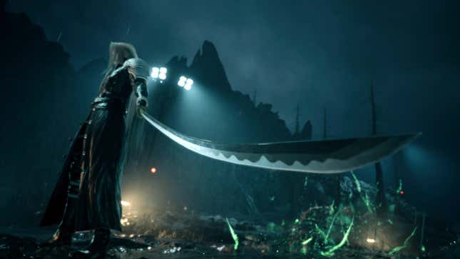 Sephiroth holds out his impossibly long sword.