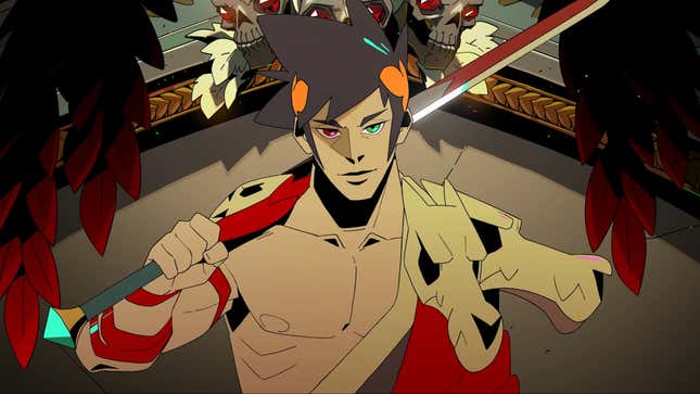 Hades protagonist Zagreus stares at the camera with a smirk on his face and a sword on his right shoulder.