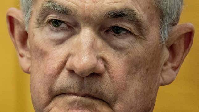 A close-up of the face of Jay Powell, chairman of the Federal Reserve.