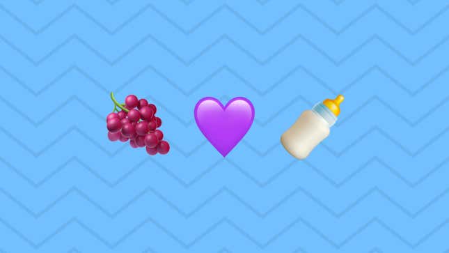 Emojis of grapes, a purple heart, and a baby bottle are shown.