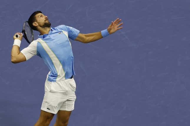 Sep 8, 2023; Flushing, NY, USA; Novak Djokovic of Serbia serves against Ben Shelton of the United States (not pictured) in a men&#39;s singles semifinal on day twelve of the 2023 U.S. Open tennis tournament at USTA Billie Jean King Tennis Center.