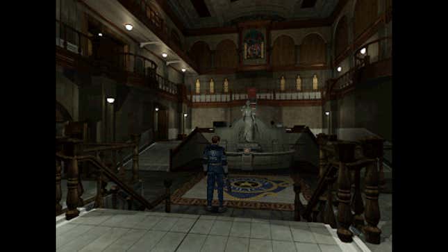 A screenshot of Resident Evil 2 showing Leon Kennedy standing in the lobby of the Raccoon City Police Department.