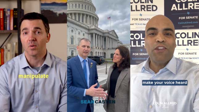 Rep. Jeff Jackson, Rep. Sean Casten, and Rep. Colin Allred in recent TikTok videos despite their support of a bill that would force ByteDance to divest or be banned in the U.S.