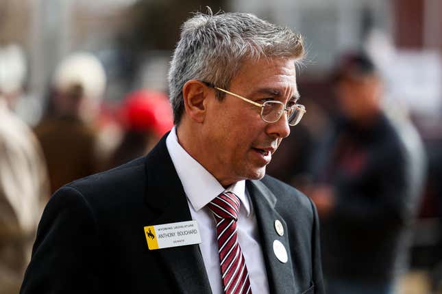 Wyoming state Sen. Anthony Bouchard, R-Cheyenne, who is challenging Rep. Liz Cheney (R-WY) in the primary race, speaks to supporters after a rally against Cheney on January 28, 2021 in Cheyenne, Wyoming. 