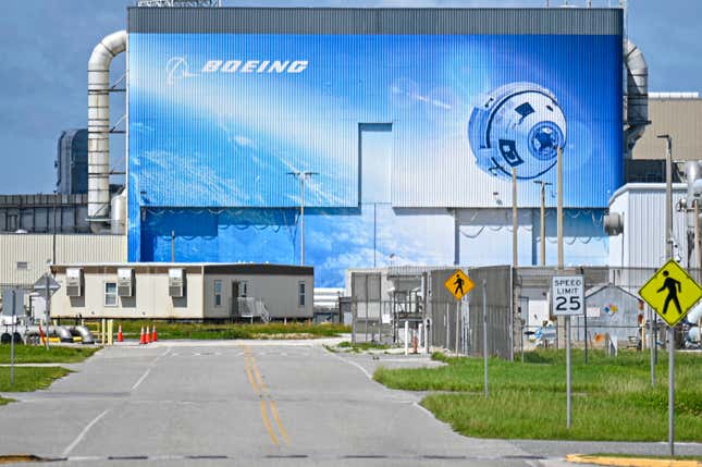 The Boeing assembly building is seen during a welcome ceremony ahead of the agency’s SpaceX Crew-9 launch at Kennedy Space Center September 21, 2024 in Cape Canaveral, Florida. 