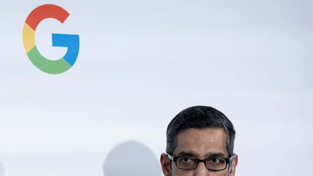 Alphabet Inc. and Google CEO Sundar Pichai speaks during the inauguration of a Google Artificial Intelligence (AI) hub in Paris on February 15, 2024.