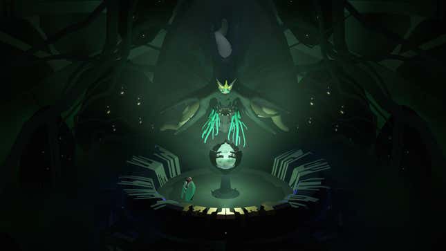 A creature reaches out to a glowing item in a dark room.