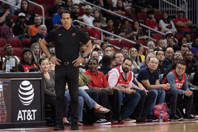 Oct 20, 2023; Houston, Texas, USA; Miami Heat head coach Rick Carlisle watches his team play against the Houston Rockets in the fourth quarter at Toyota Center.