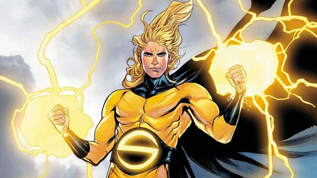 A blonde man in a yellow suit with a dark cape wields yellow energy in his hands