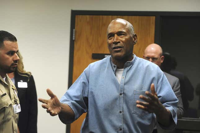  Former NFL football star O.J. Simpson reacts after learning he was granted parole at the Lovelock Correctional Center in Lovelock, Nev., on July 20, 2017.