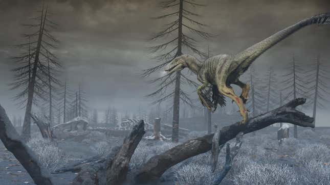 A paleoart illustration of a Dakotaraptor steini navigating the fallout of the Chicxulub impact.