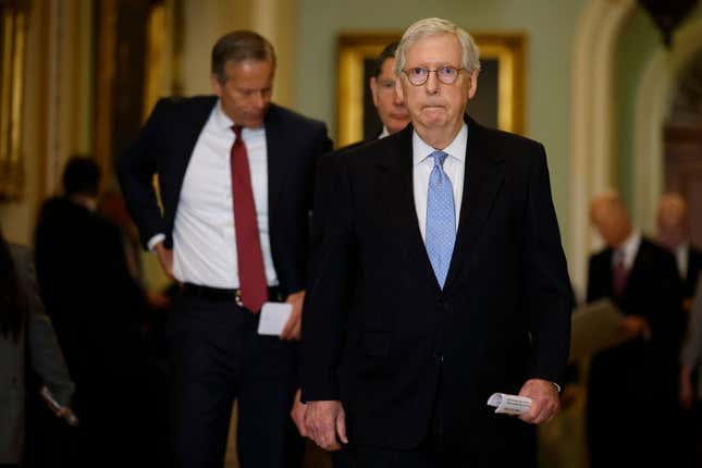  Senate Minority Leader Mitch McConnell (R-KY) arrives for a news conference following the weekly Senate Republican policy luncheon at the U.S. Capitol on March 29, 2022, in Washington, DC.