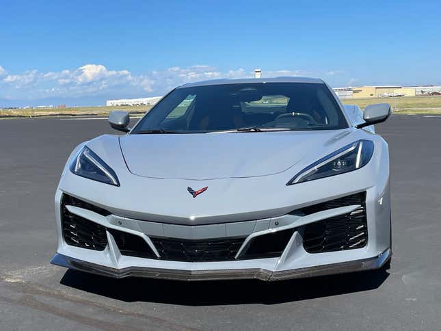 Front view of a grey Chevy Corvette E-Ray