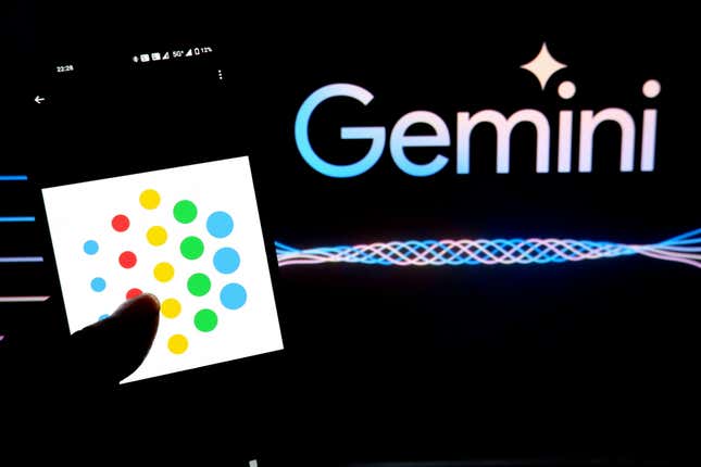 A Google AI logo displayed on a smartphone with Gemini AI logo.