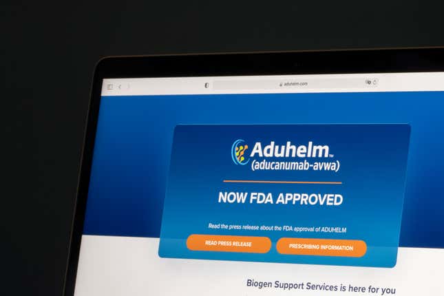 The homepage of Aduhelm, soon after the drug won accelerated approval from the FDA in June 2021.