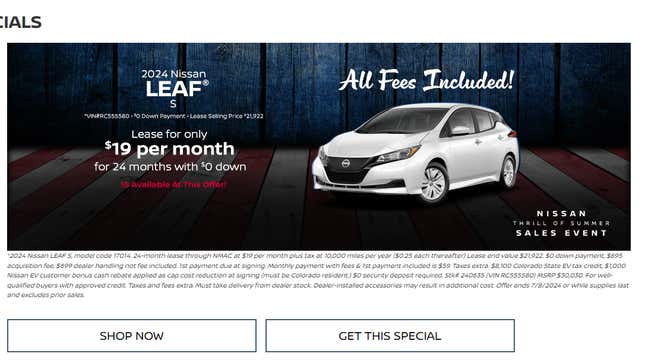 Image for article titled You Can Lease A New Car For $19 Per Month, But It's A Nissan Leaf