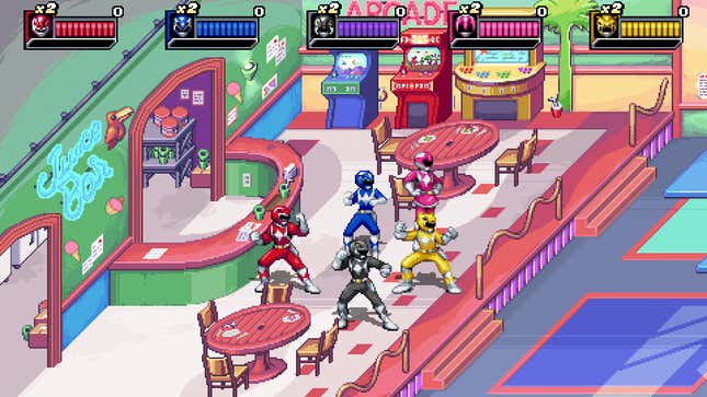 Power Rangers arrive in a restaurant. 