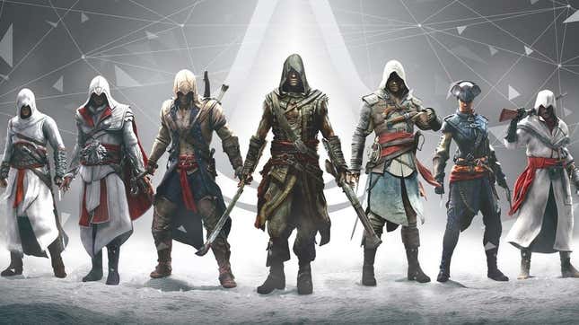Assassins stand in a line.