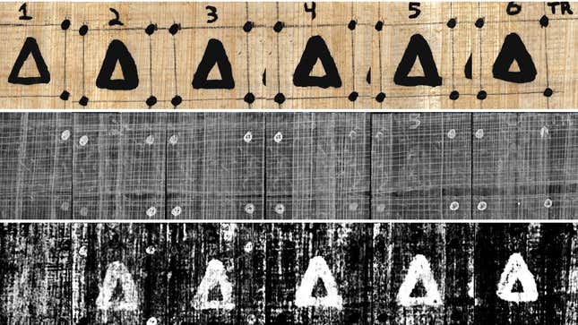 Top to bottom: A reference photograph of delta symbols, an integral texture image, and a network-generated carbon ink prediction image. 